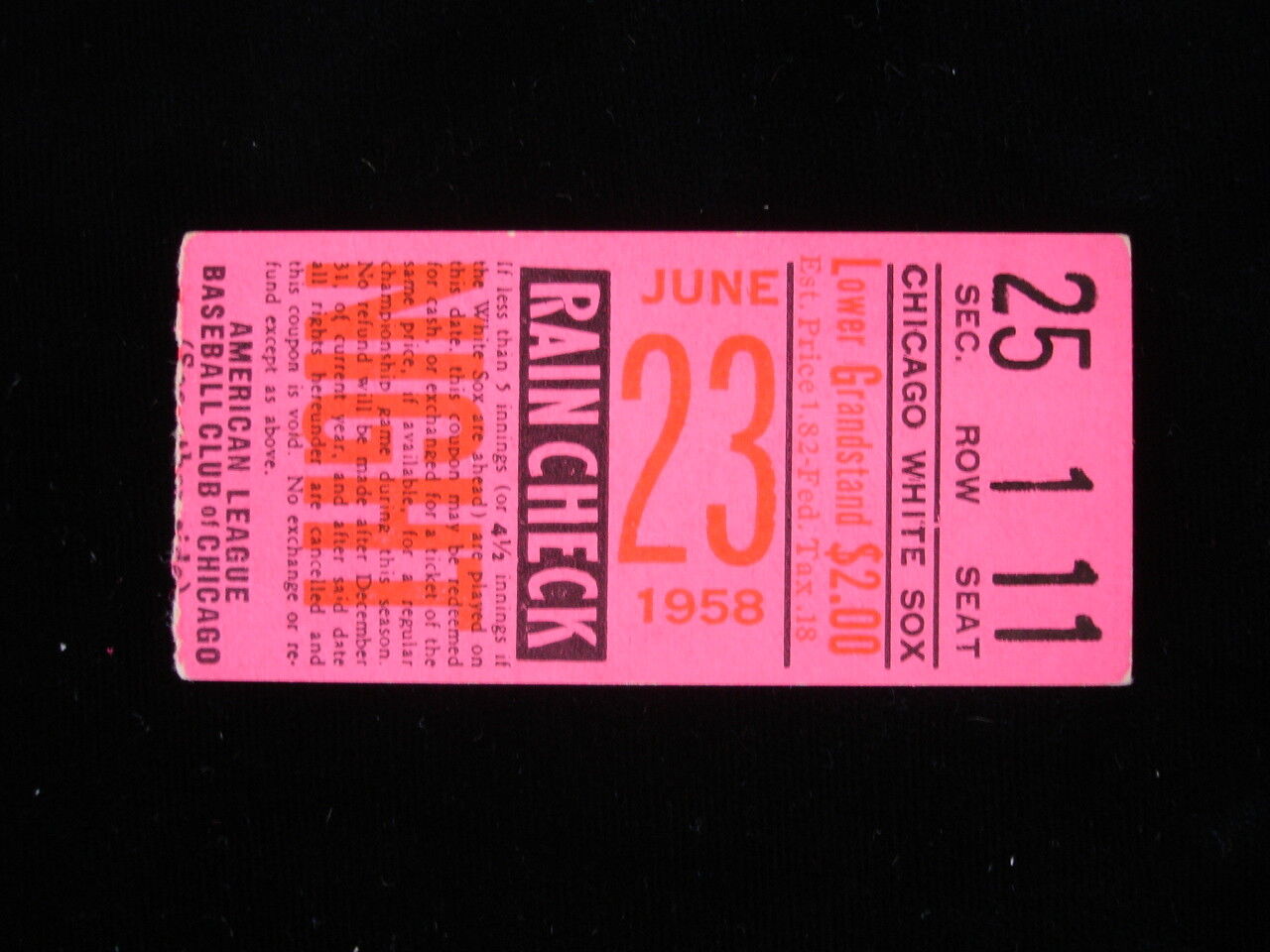 June 23, 1958 New York Yankees @ Chicago White Sox Ticket Stub