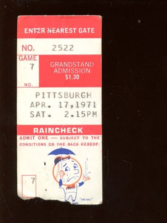 April 17 1971 Pittsburgh Pirates at New York Mets Ticket Stub