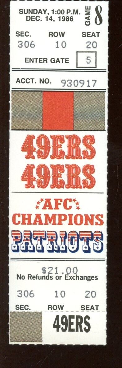 December 14 1986 NFL Football Full Ticket Patriots at San Francisco 49ers NRMT