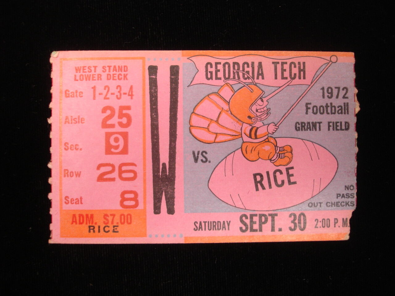 September 30, 1972 Rice @ Georgia Tech College Football Game Ticket Stub