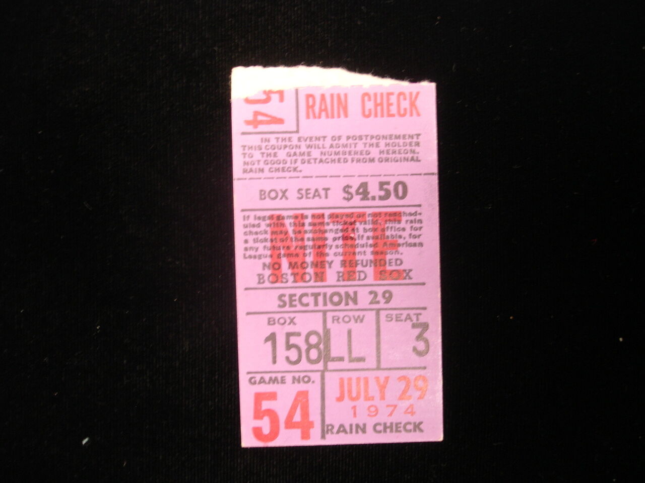 July 29, 1974 New York Yankees @ Boston Red Sox Ticket Stub