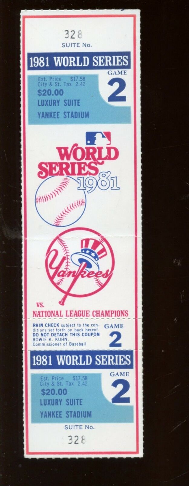 1981 World Series Full Ticket Los Angeles Dodgers at New York Yankees Game 2