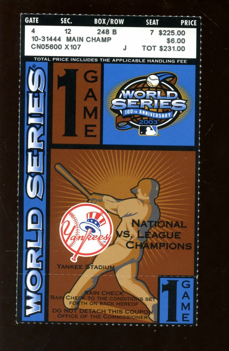 2003 World Series Ticket Stub Florida Marlins at New York Yankees Game 1 EXMT