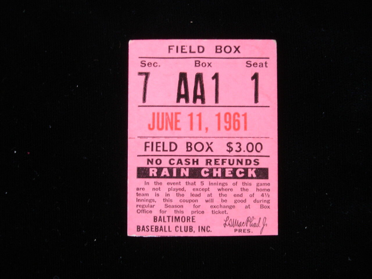 June 11, 1961 Chicago White Sox @ Baltimore Orioles Ticket Stub