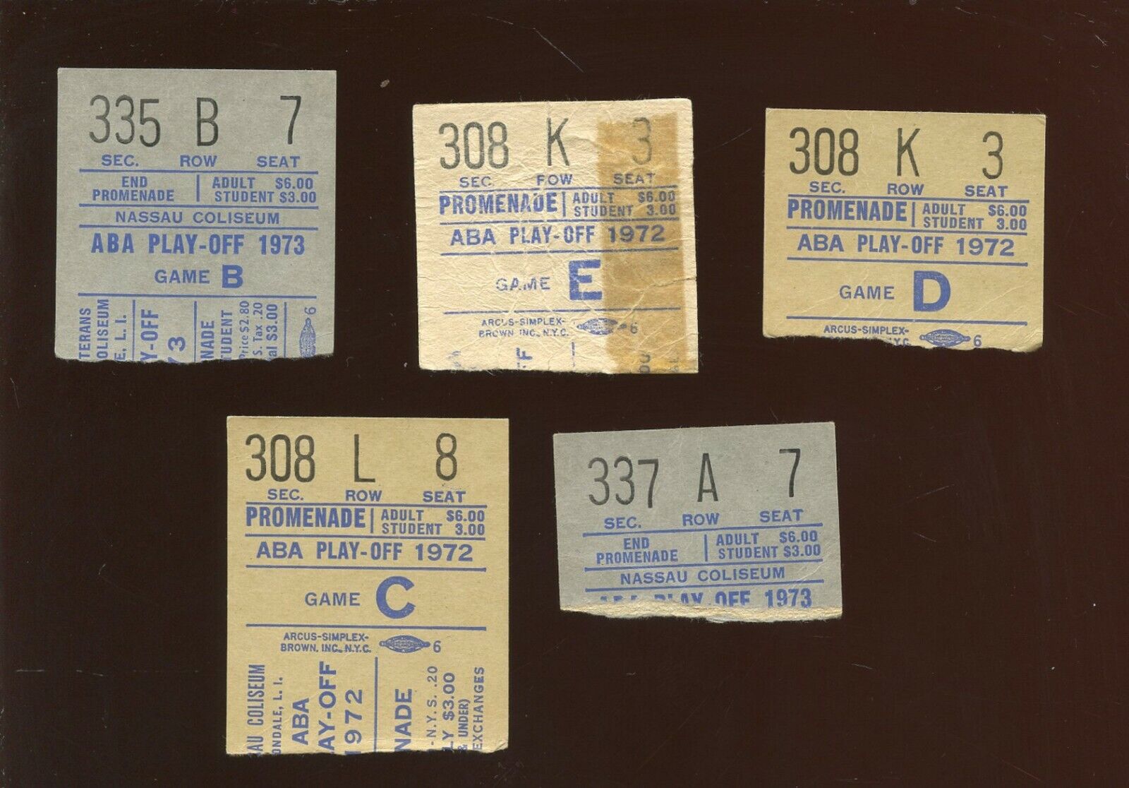 1972 & 1973 New York Nets ABA Basketball Home Playoff Ticket Stubs 5 Different