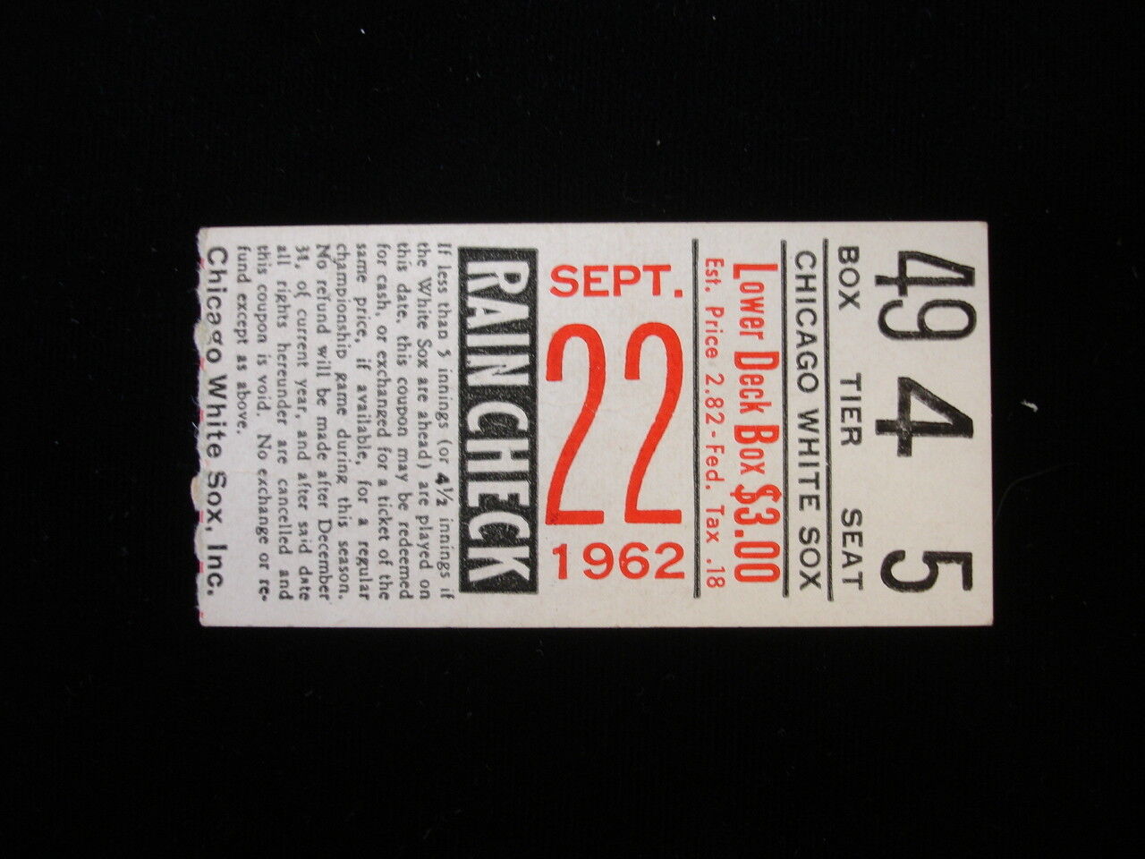 September 22, 1962 New York Yankees @ Chicago White Sox Ticket Stub