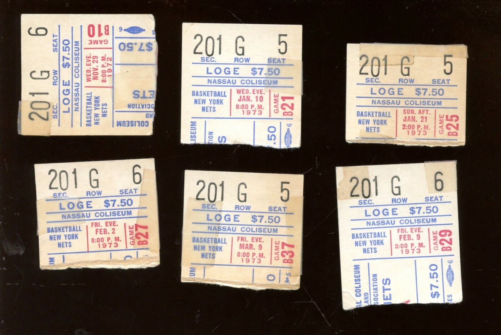 1972-73 ABA Basketball New York Nets Ticket Stub Lot 6 Different