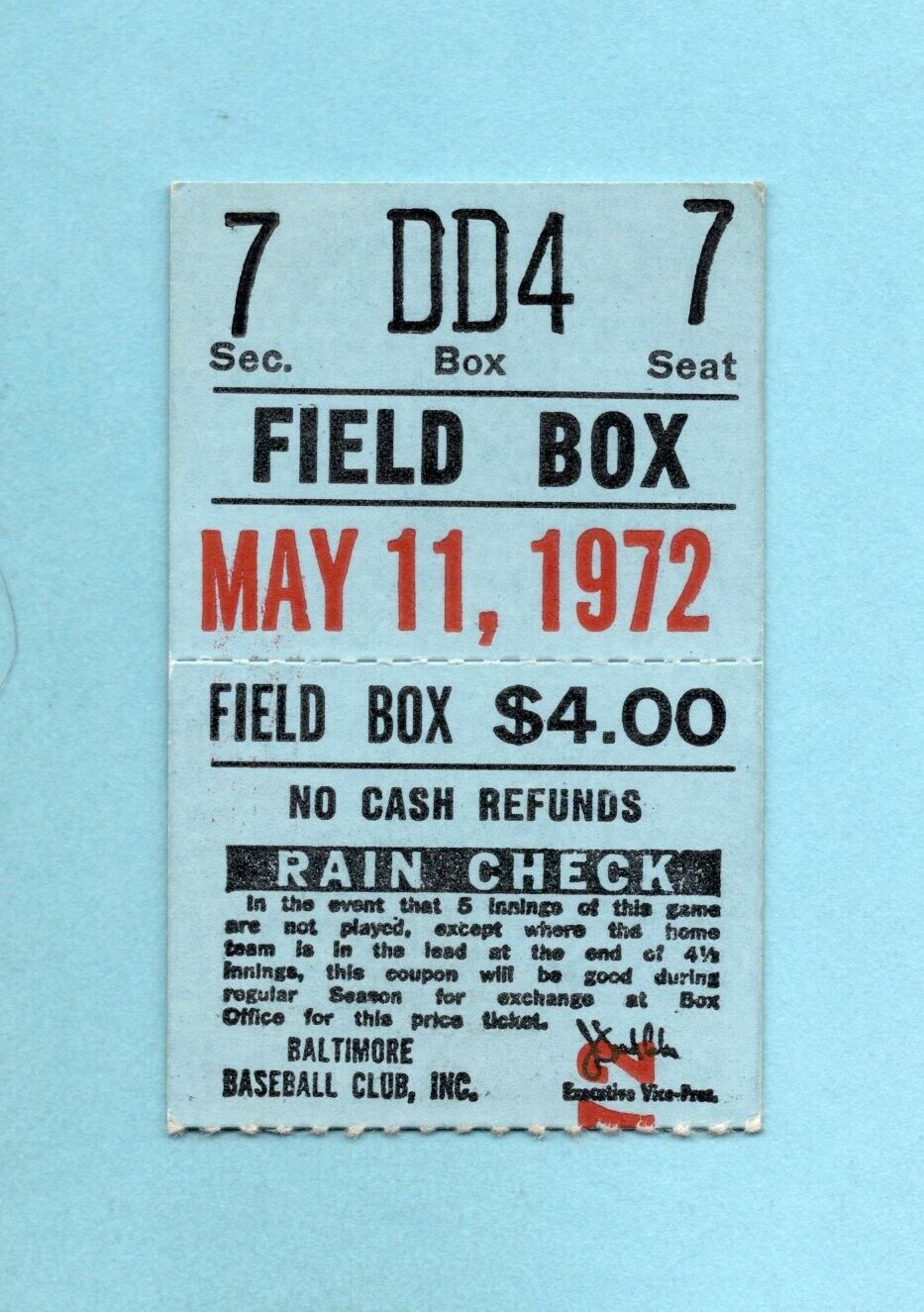 May 11, 1972 Texas Rangers vs Baltimore Orioles Ticket Stub Bill Gogolewski