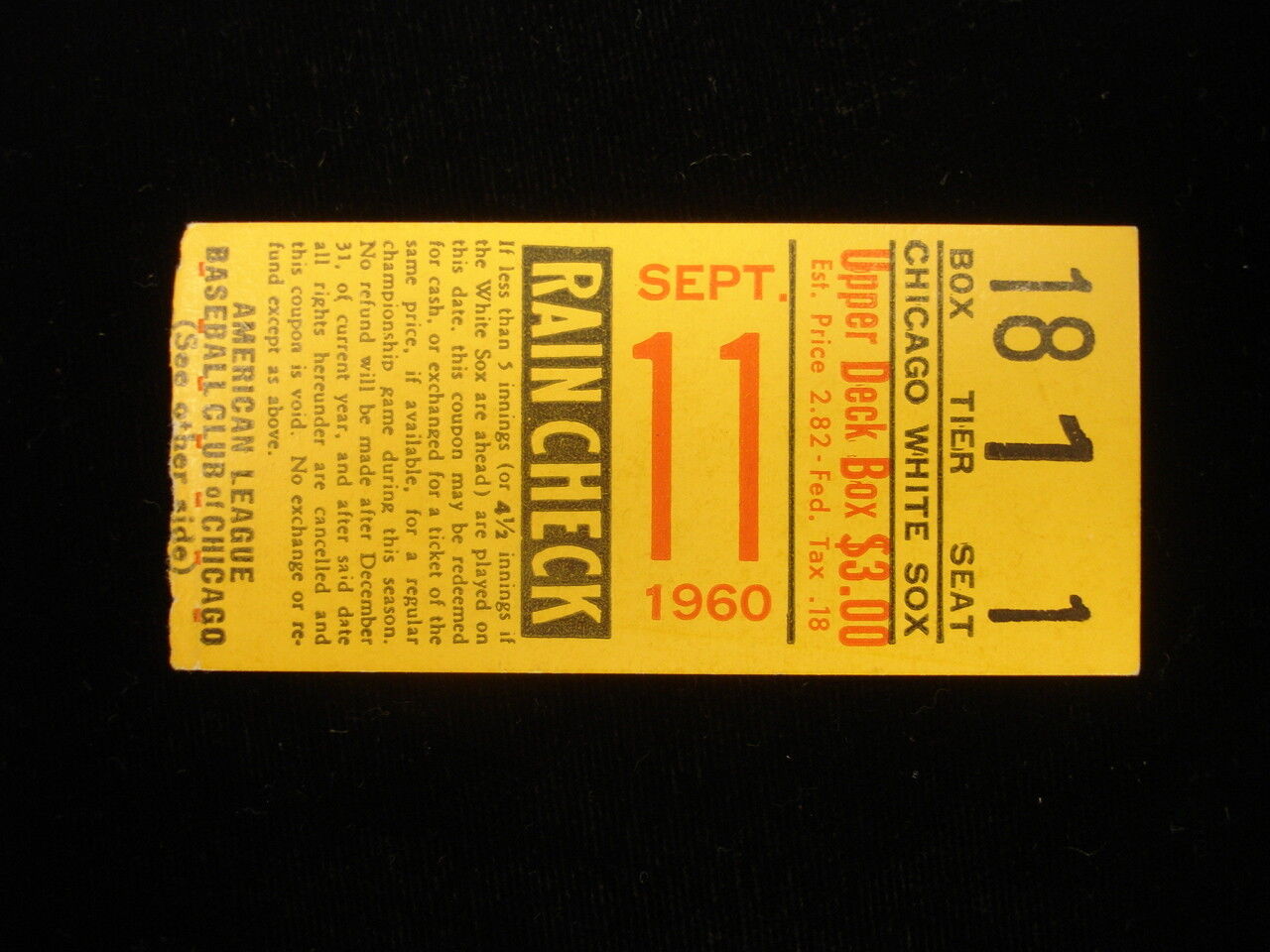 September 11, 1960 Boston Red Sox @ Chicago White Sox Ticket Stub - Doubleheader