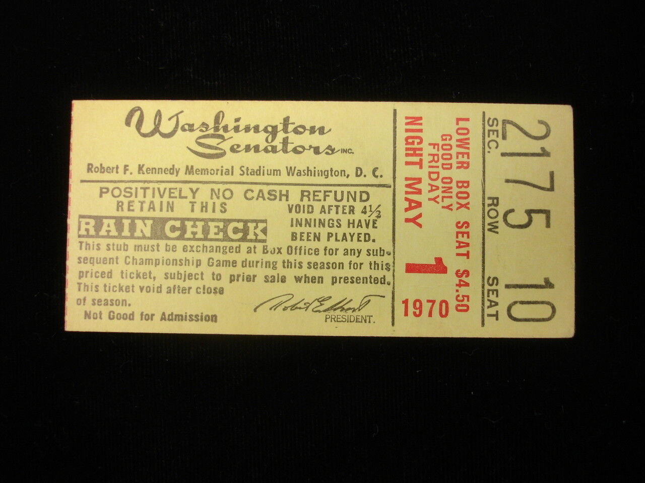 May 1, 1970 Oakland Athletics @ Washington Senators Ticket Stub