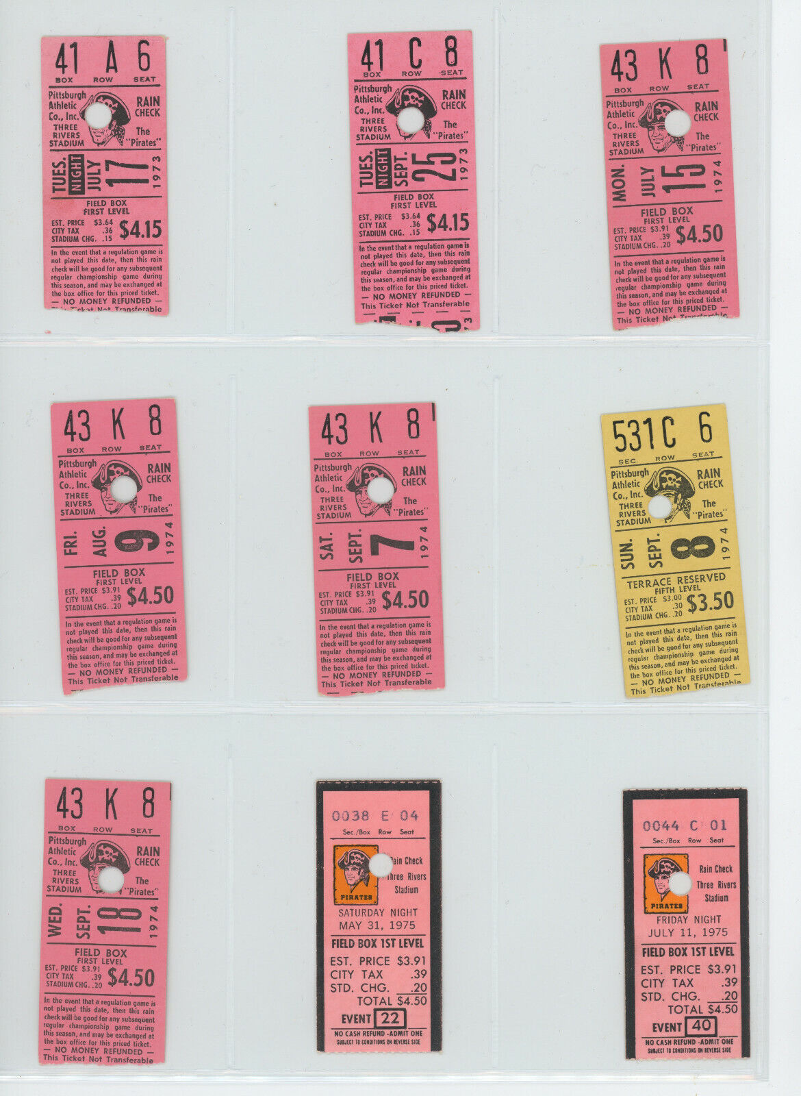 Lot of 9 Diff. 1973-1975 Pittsburgh Pirates Three Rivers Stadium Ticket Stubs