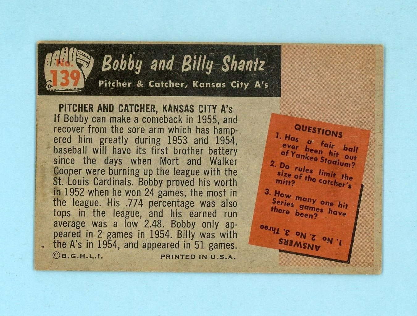 1955 Bowman #139 Bob Shantz & Bill Shantz Kansas City A's Baseball Card E+-E/M