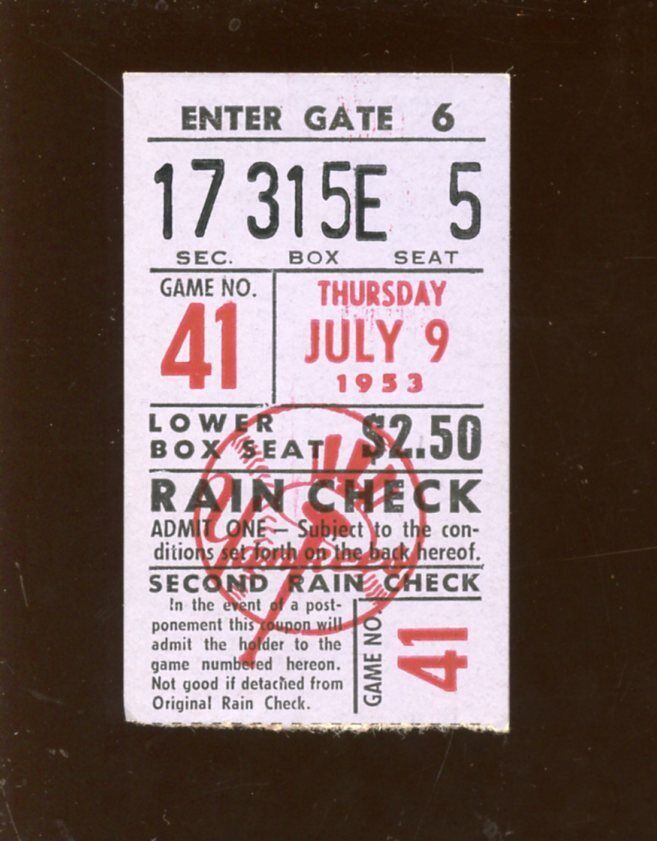 July 9 1953 MLB Ticket Stub Boston Red Sox at New York Yankees EXMT