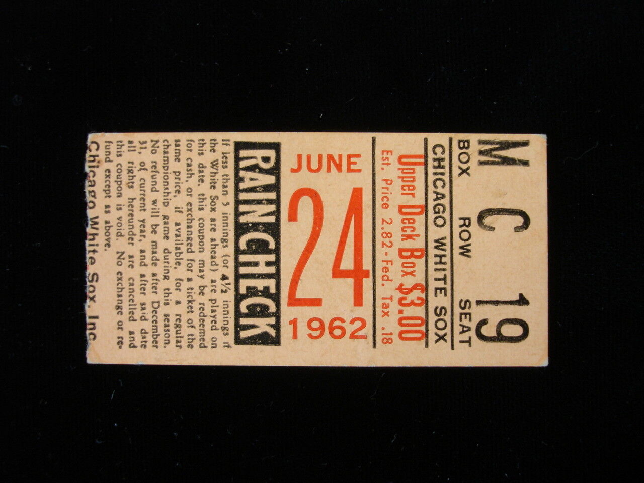 June 24, 1962 Kansas City Athletics @ Chicago White Sox Ticket Stub