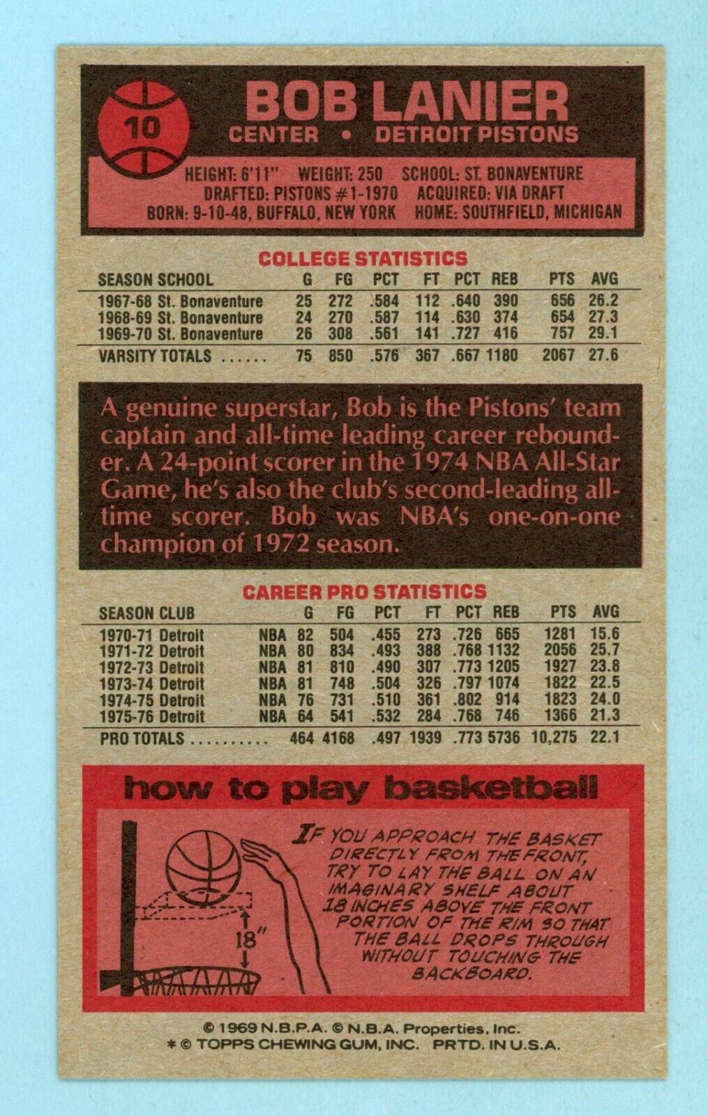 1976-77 Topps #10 Bob Lanier Detroit Pistons Basketball Card NM