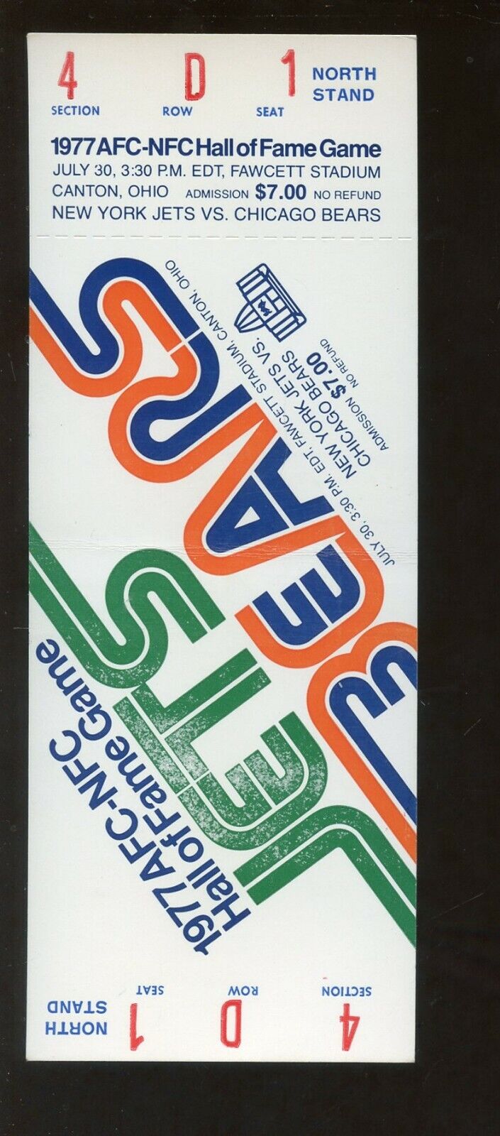 1977 AFC vs NFC Hall of Fame Football Game Full Ticket New York Jets vs Bears