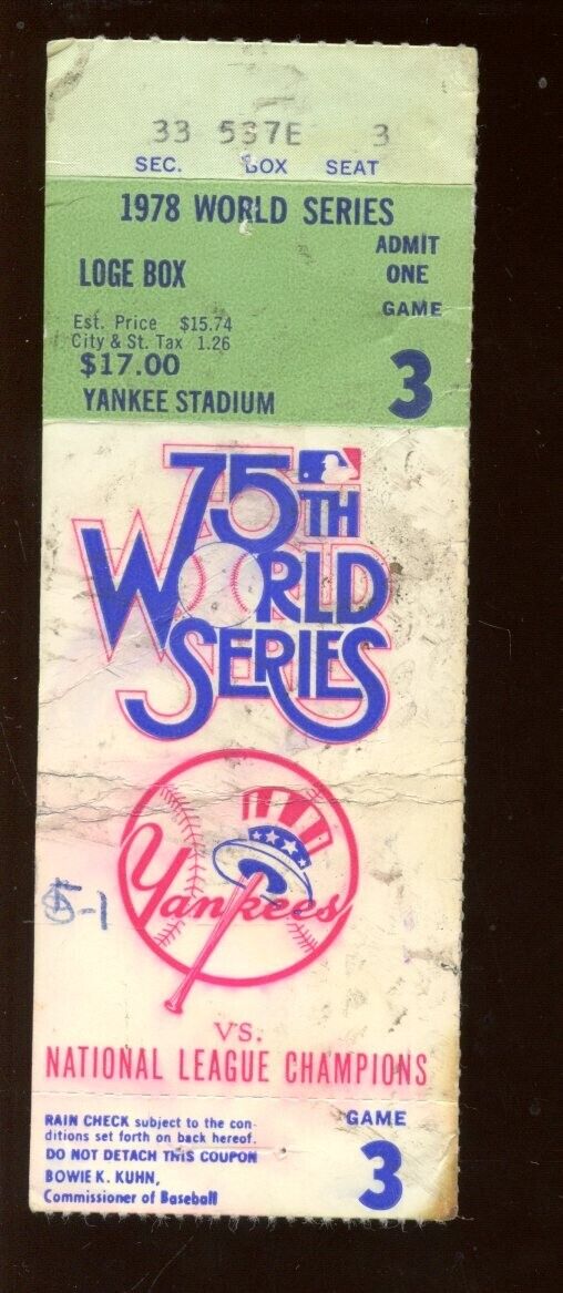 1978 World Series Ticket Stub Los Angeles Dodgers at New York Yankees Game 3