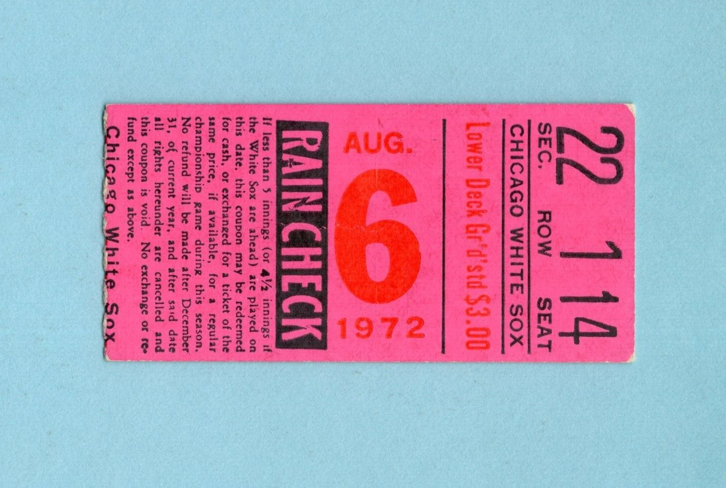 August 6, 1972 Texas Rangers vs Chicago White Sox Ticket Stub Wilbur Wood, Allen