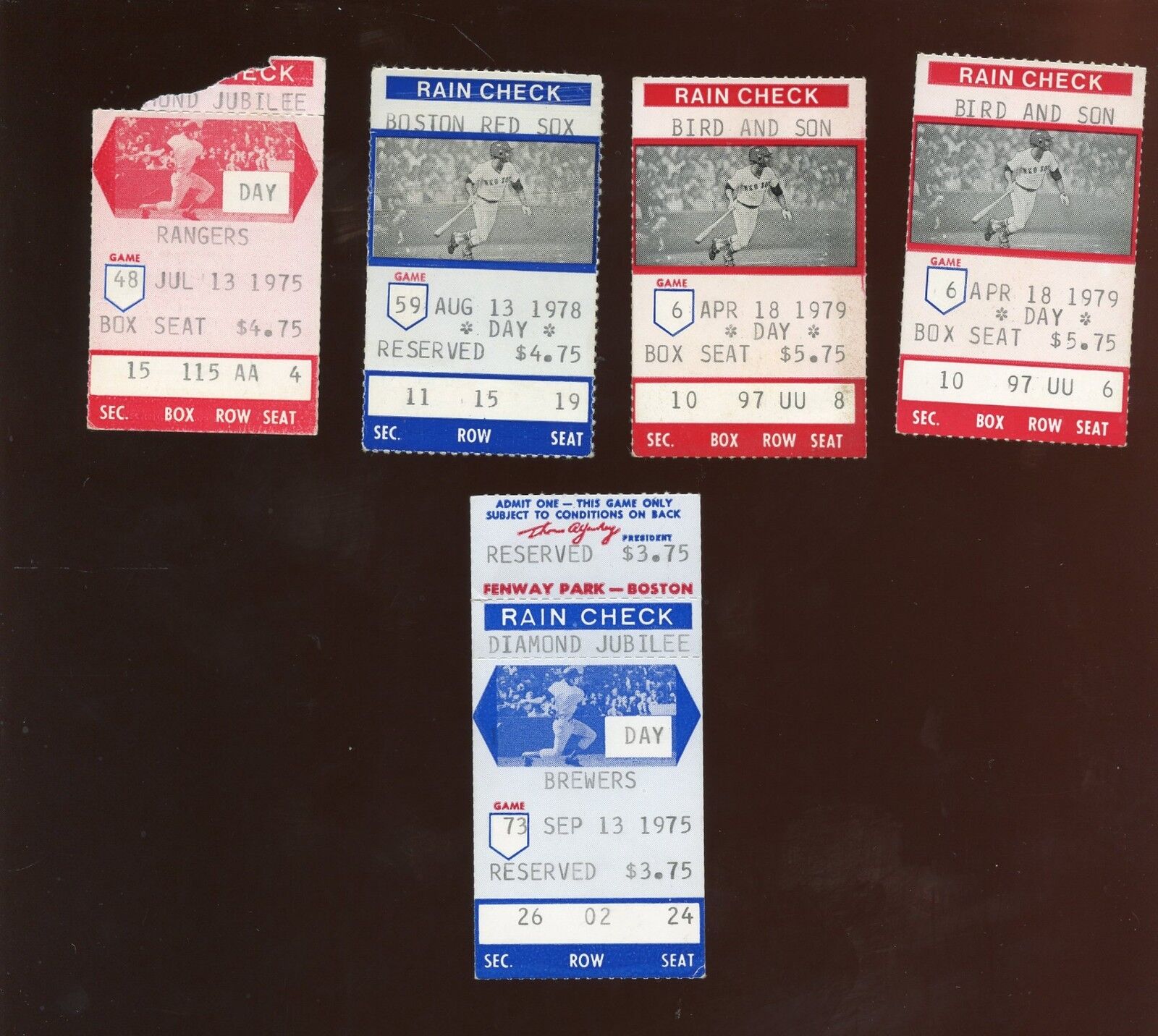 Lot of 5 1975 through 1979 Boston Red Sox Ticket Stubs 