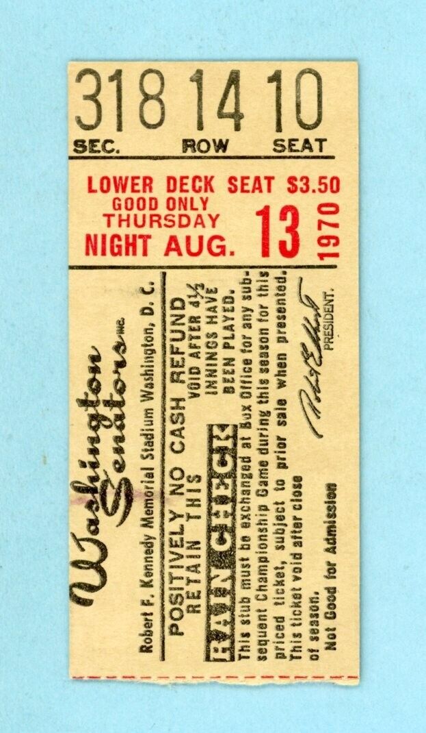 August 13, 1970 Minnesota Twins vs Washington Senators Ticket Stub Dick Bosman