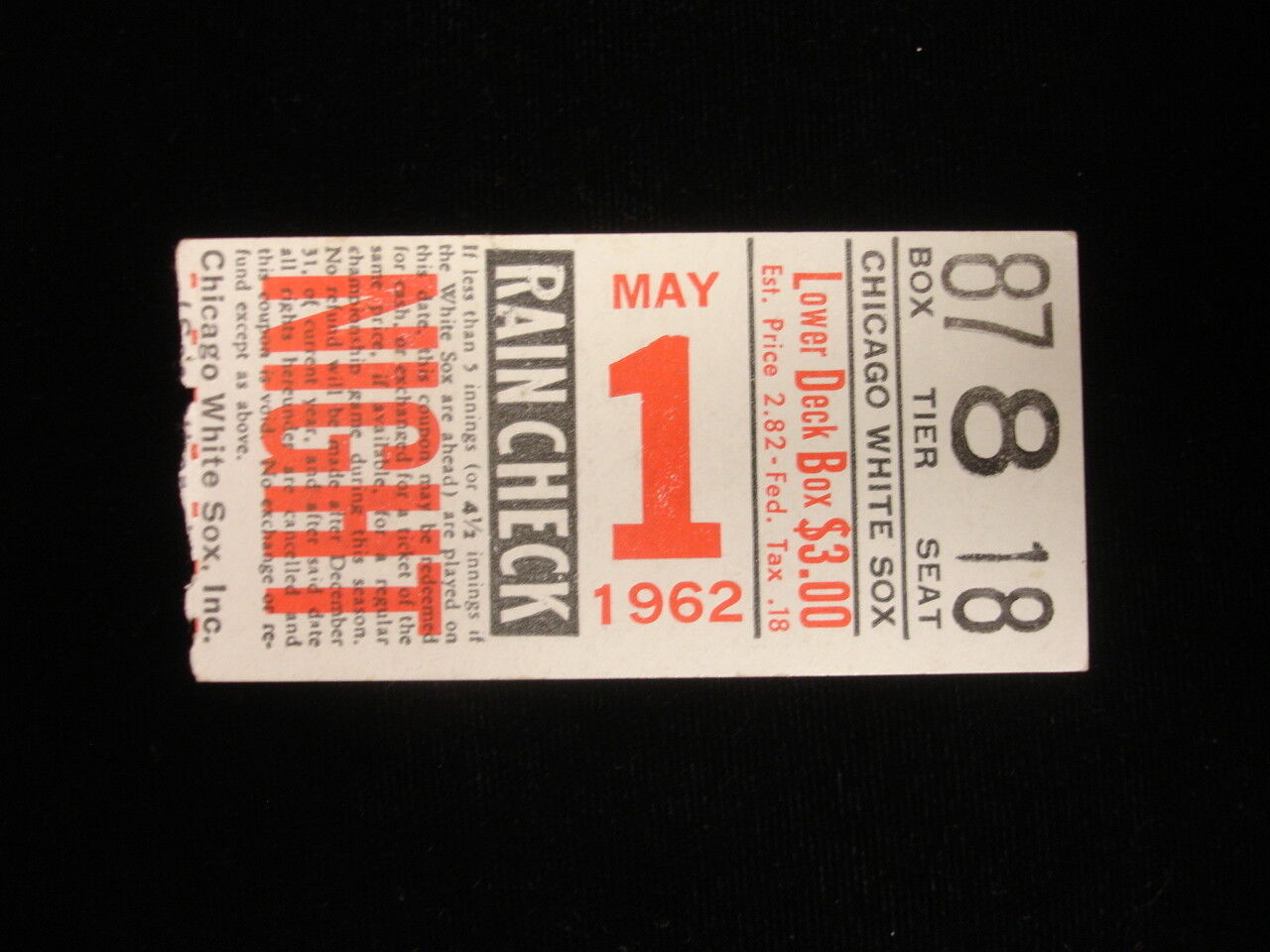 May 1, 1962 New York Yankees @ Chicago White Sox Ticket Stub