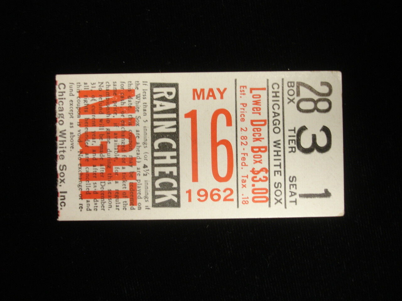 May 16, 1962 Washington Senators @ Chicago White Sox Ticket Stub