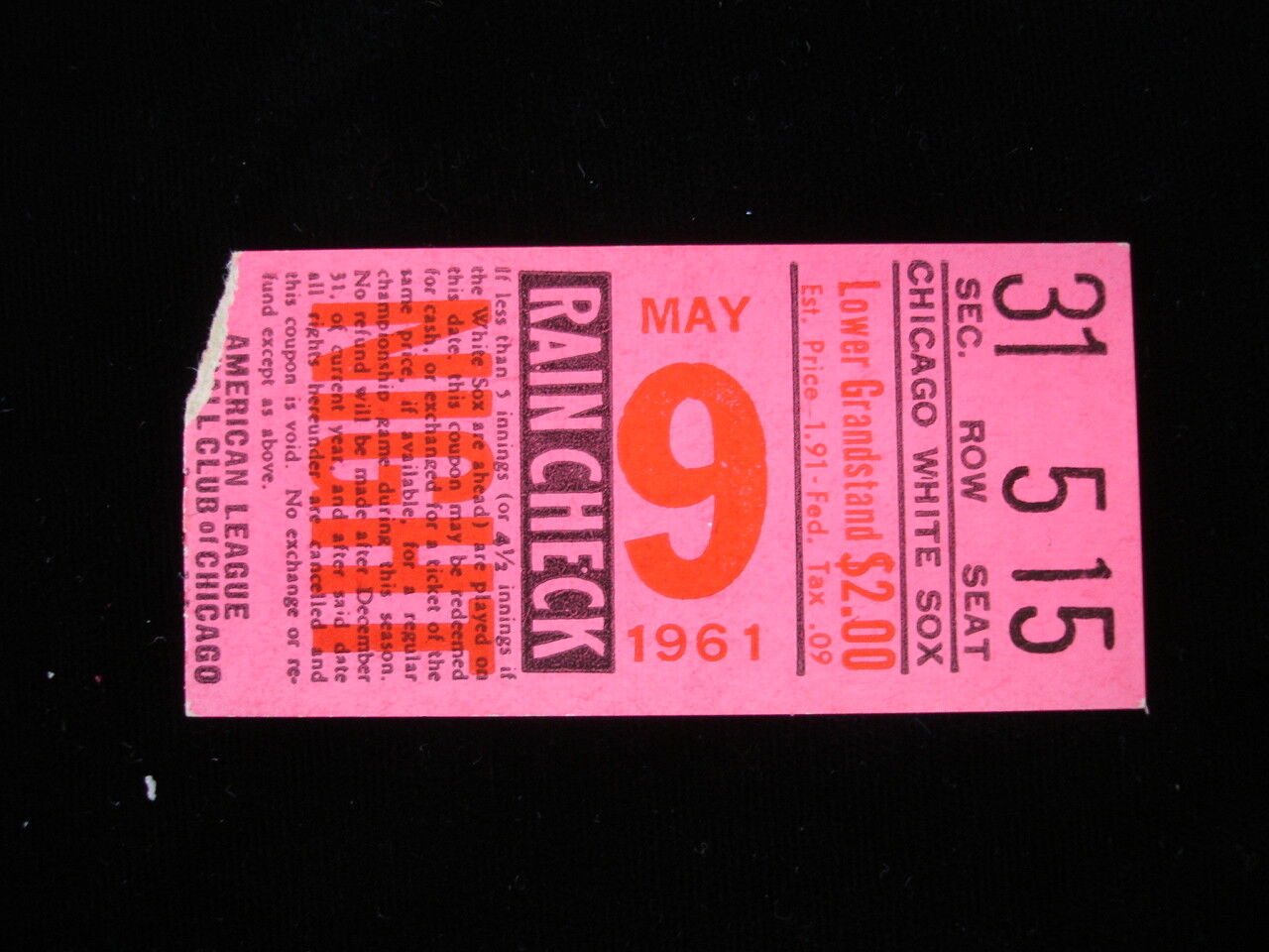 May 9, 1961 Detroit Tigers @ Chicago White Sox Ticket Stub