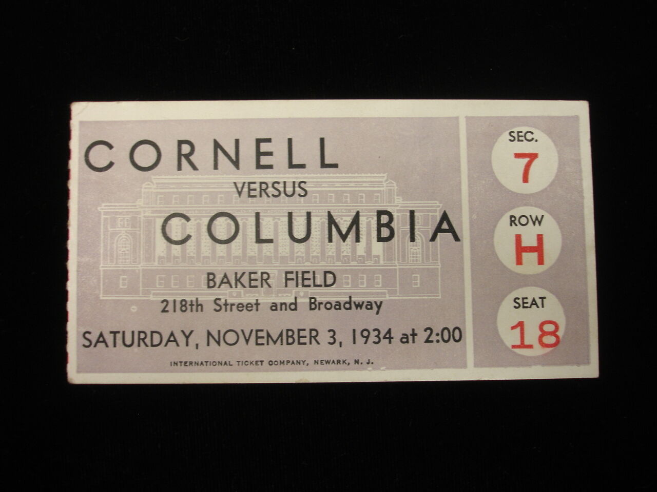 November 3, 1934 Cornell @ Columbia College Football Game Ticket Stub