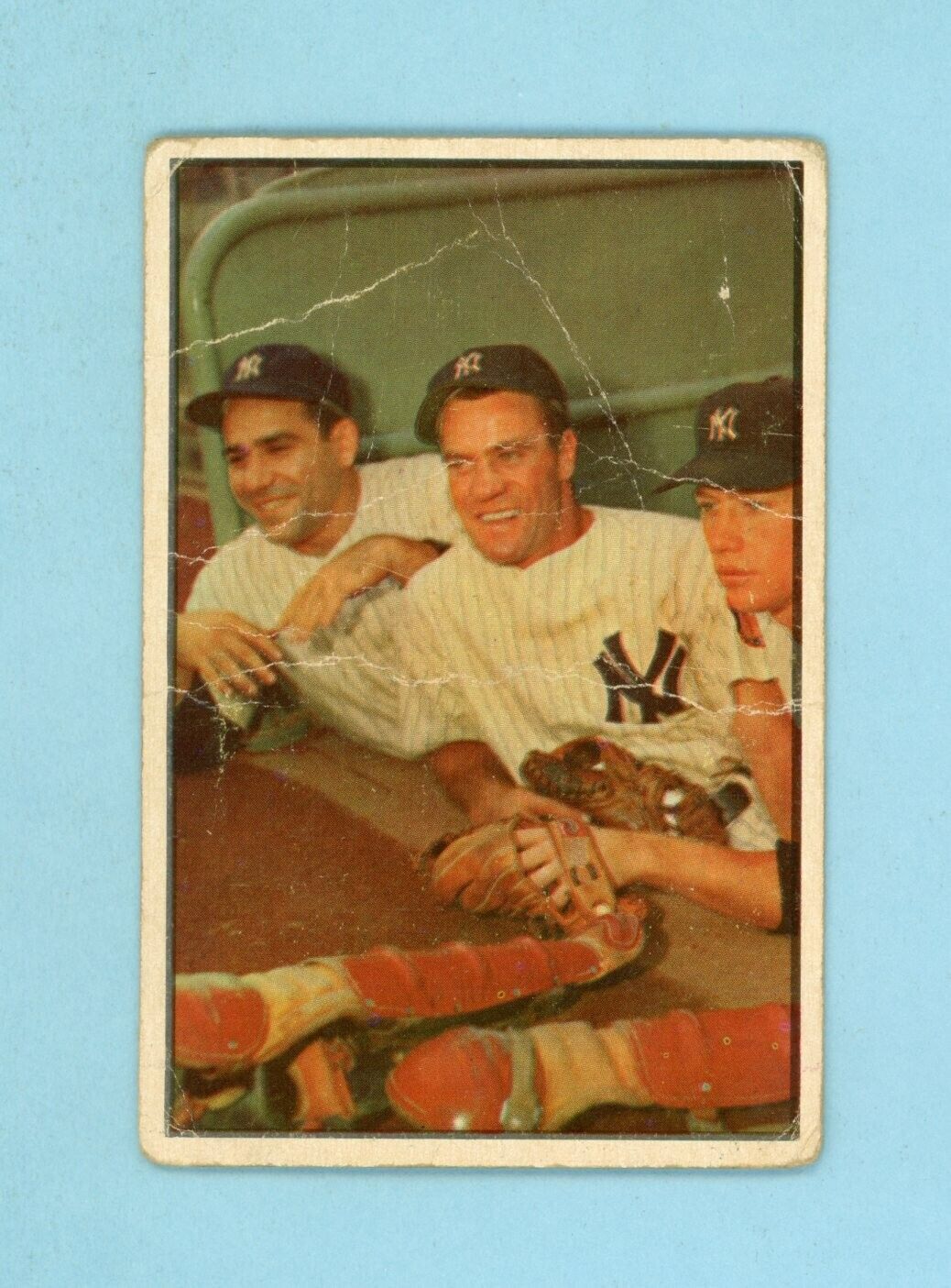 1953 Bowman Color #44 Mantle, Berra, Bauer NY Yankees Baseball Card Low Grade