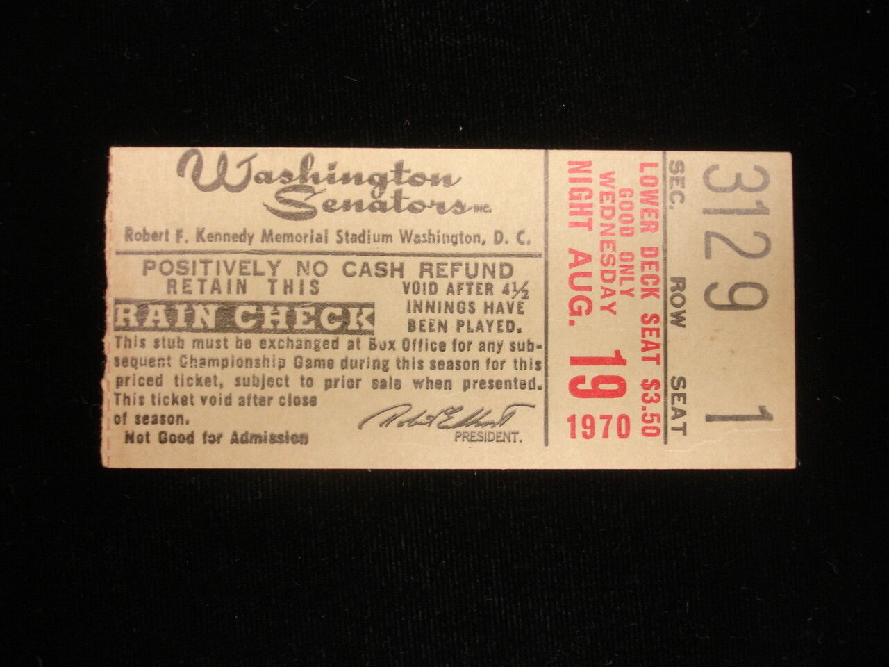 August 19, 1970 Kansas City Royals @ Washington Senators Ticket Stub