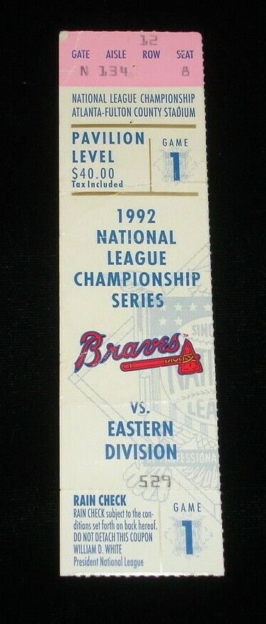 1992 NLCS Ticket Stub Game #1 Pittsburgh Pirates @ Atlanta Braves - Smoltz Wins