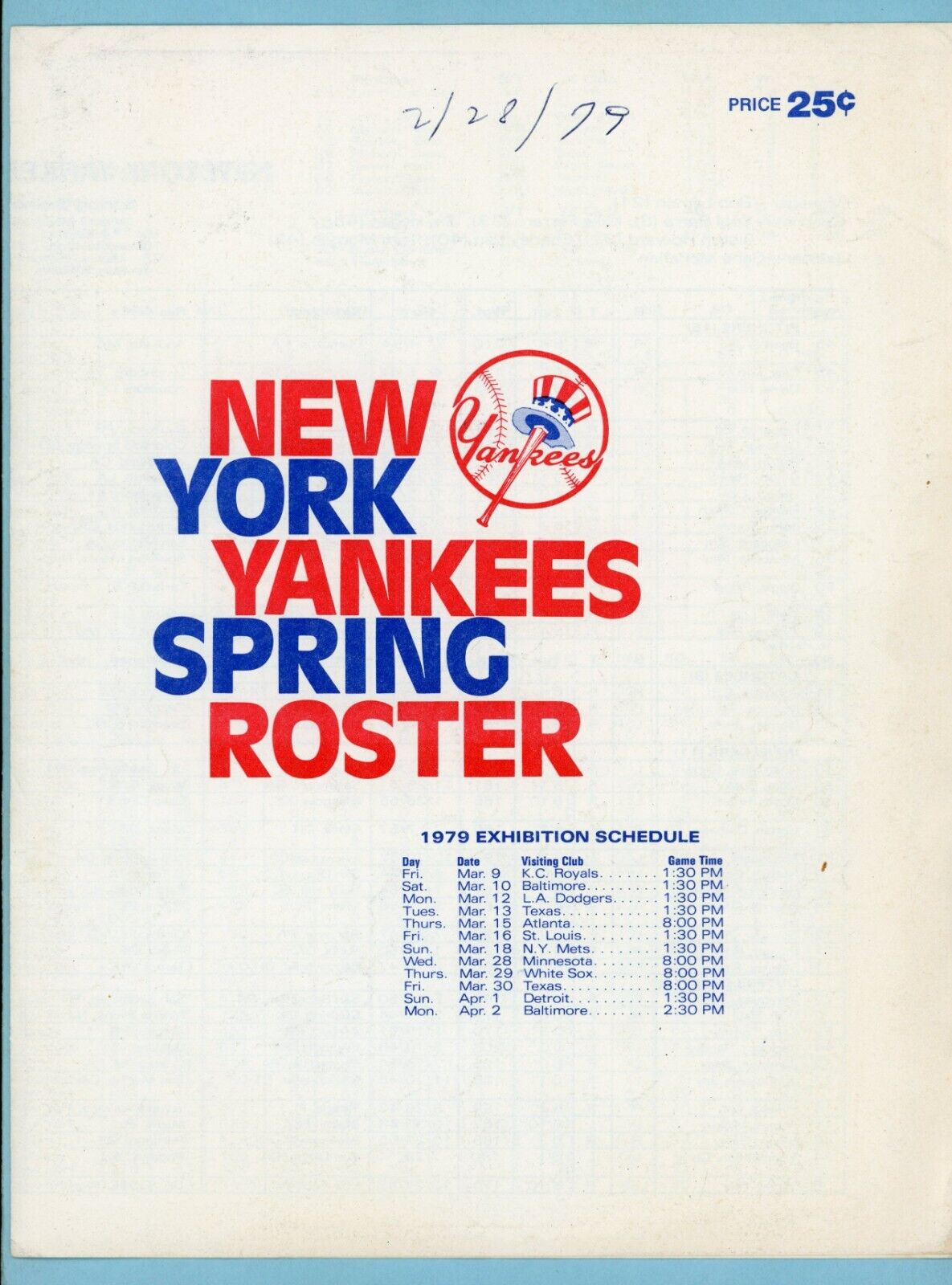 1979 New York Yankees Spring Roster/Schedule Brochure