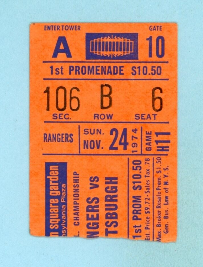 November 24, 1974 Pit Penguins vs NY Rangers Ticket Stub 12 diff players scored