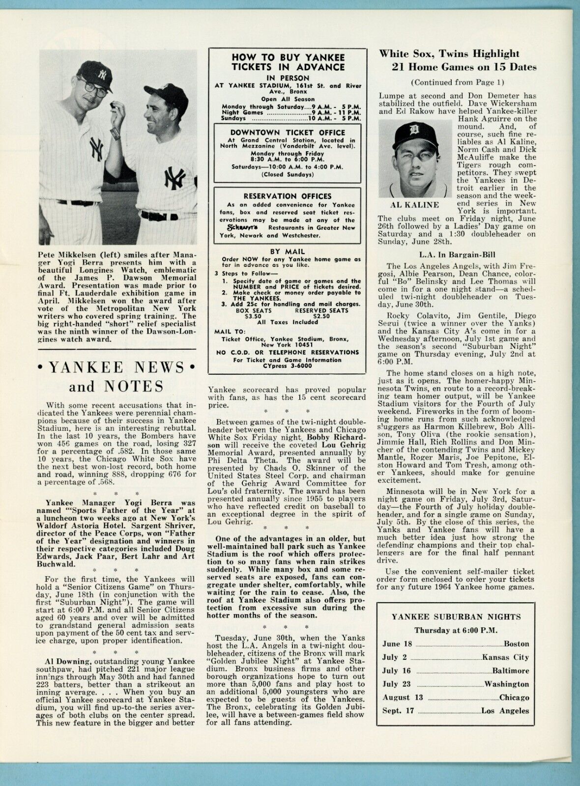 June 1964 Yank Official New York Yankees Newsletter Mickey Mantle & Yogi Berra