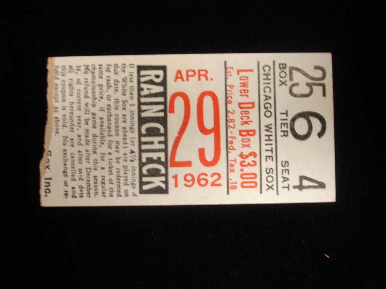 April 29, 1962 Boston Red Sox @ Chicago White Sox Ticket Stub - Doubleheader