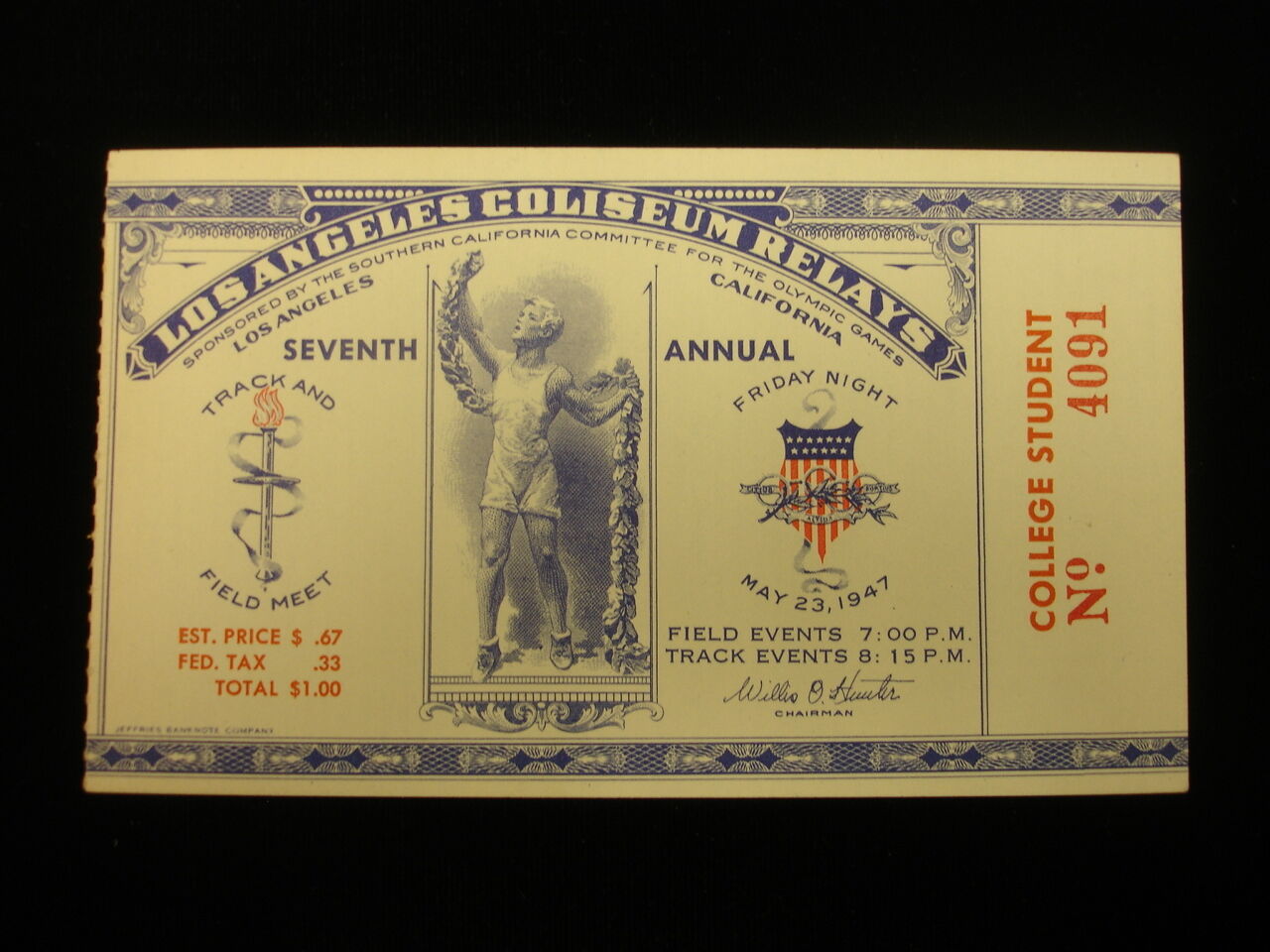 May 23, 1947 Los Angeles Coliseum Relays Track & Field Meet Ticket Stub