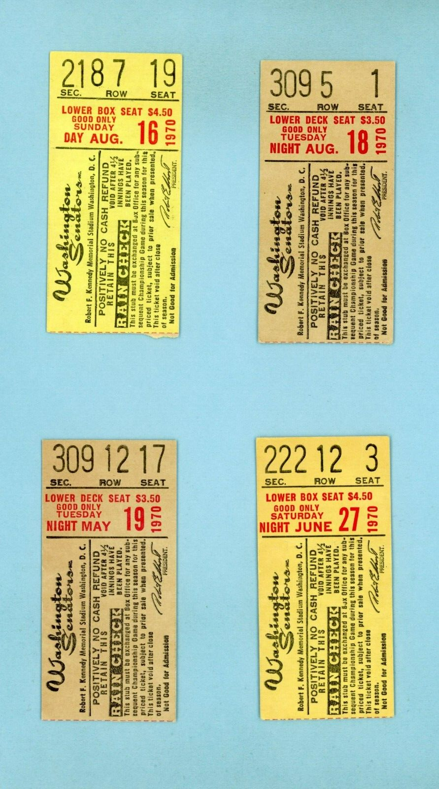 Lot of 4 Different 1970 Washington Senators Ticket Stubs at RFK Stadium