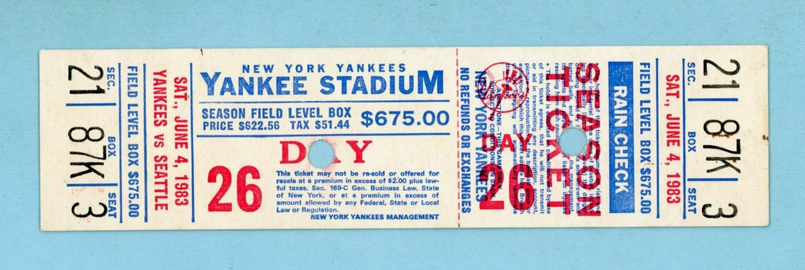 June 4, 1983 Seattle Mariners vs New York Yankees Full Ticket Richie Zisk