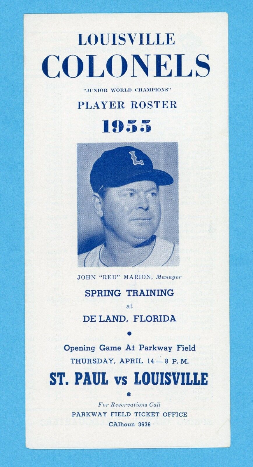 1955 Louisville Colonels Spring Training Player Roster & Schedule Red Marion