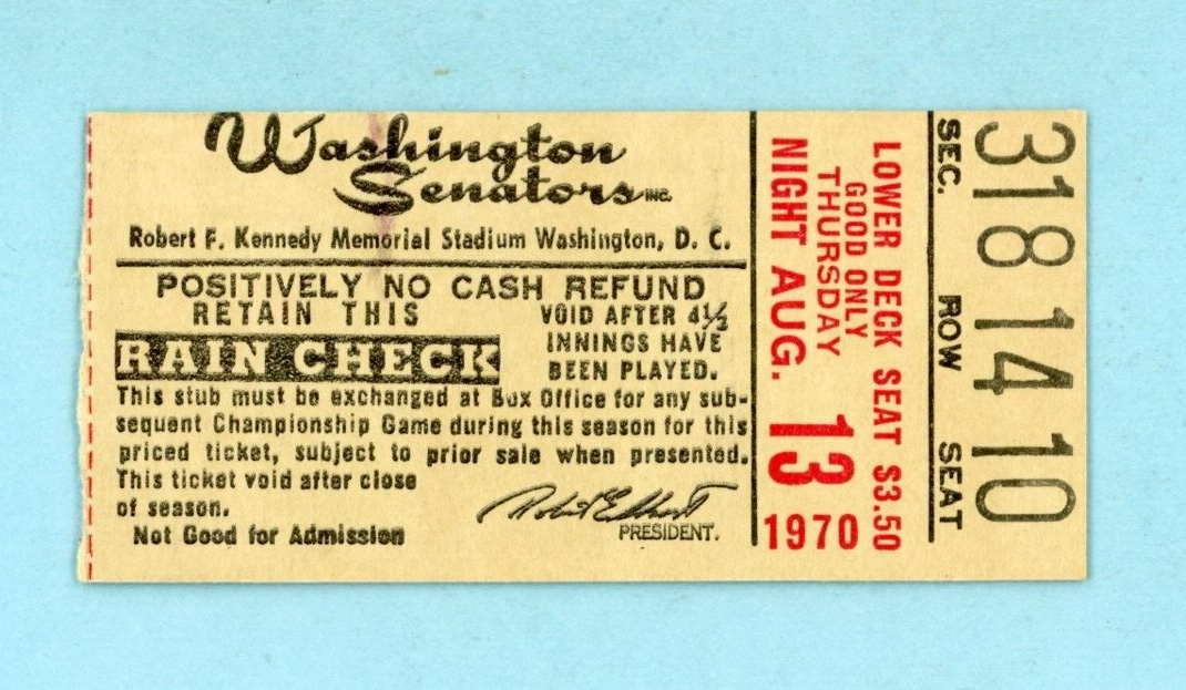 August 13, 1970 Minnesota Twins vs Washington Senators Ticket Stub Dick Bosman