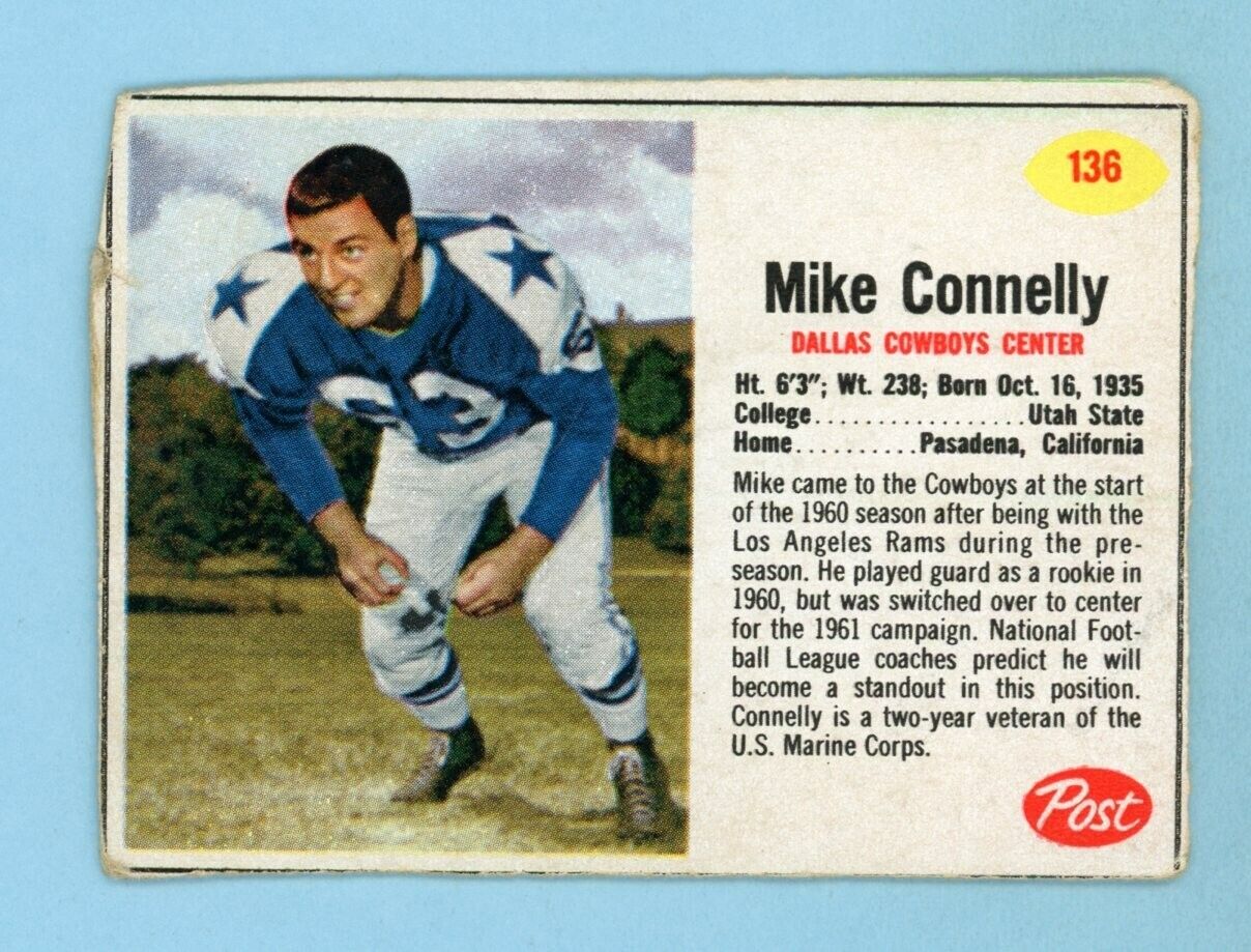 1962 Post Cereal #136 Mike Connelly Dallas Cowboys Football Card