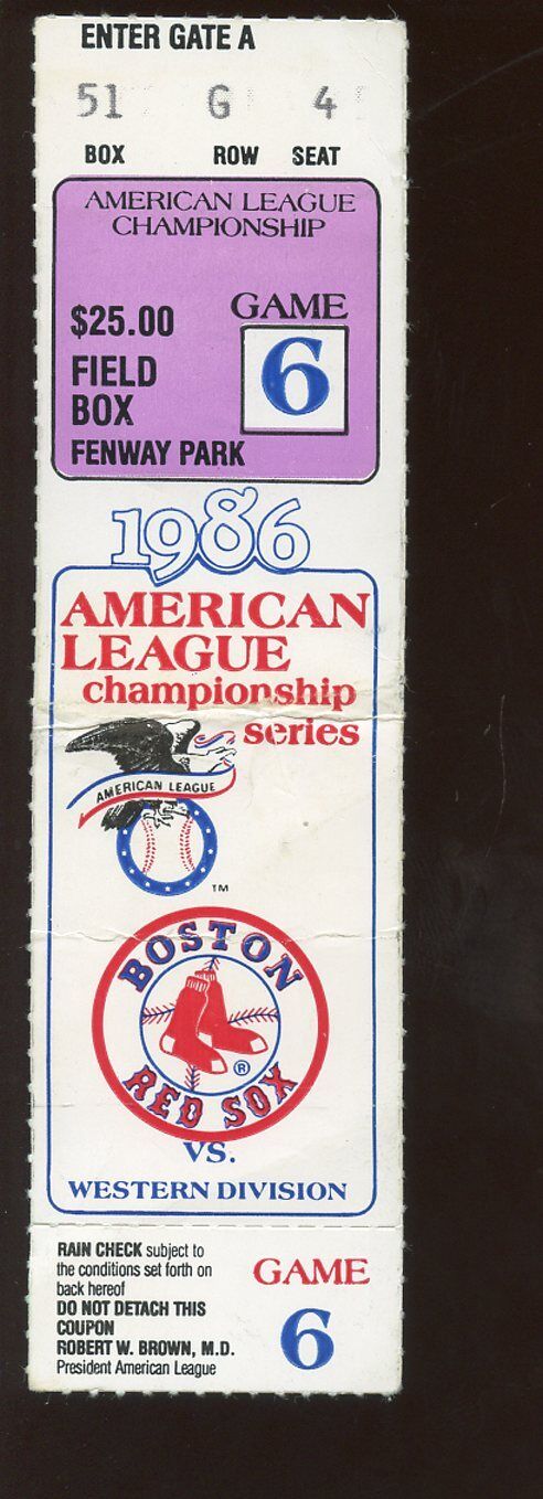 1986 ALCS Ticket Stub California Angels at Boston Red Sox Game 6