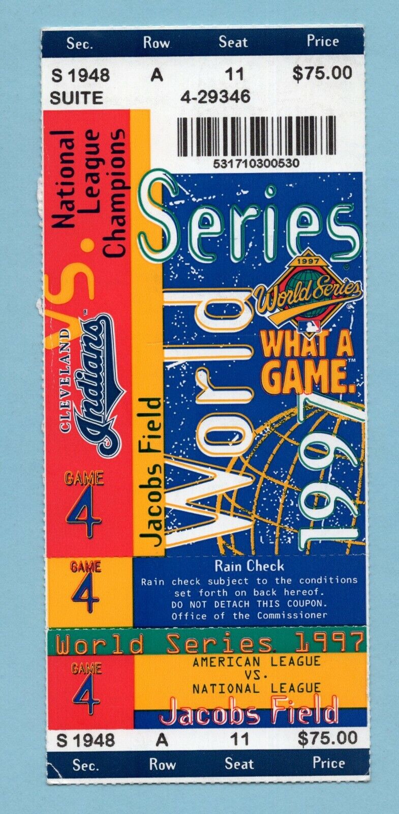 1997 World Series Game 4 Florida Marlins vs Cleveland Indians Full Ticket