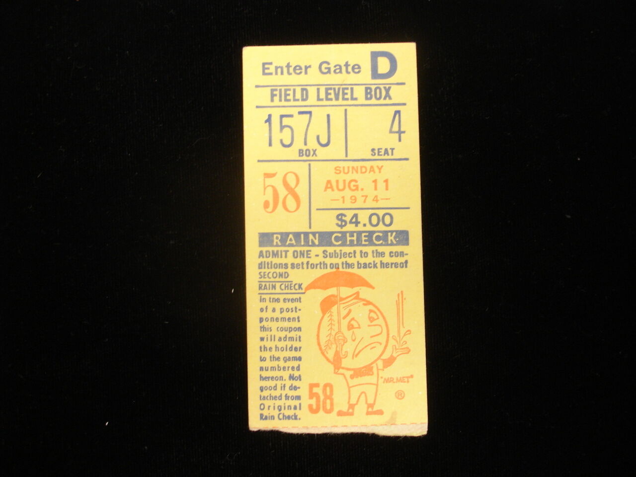 August 11, 1974 Cincinnati Reds @ NY Mets Ticket Stub Johnny Bench hits 25th HR