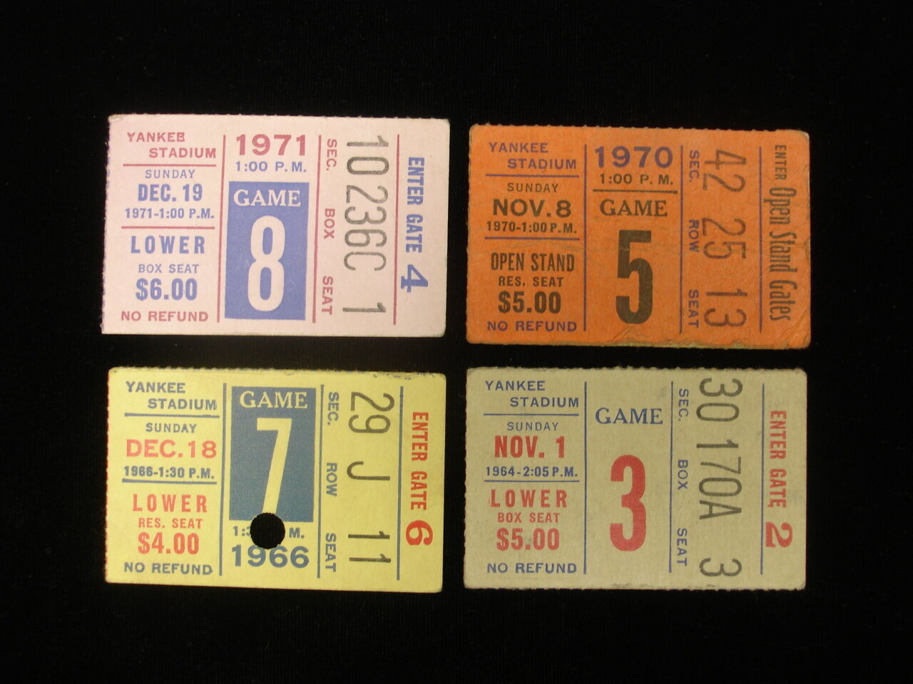 Lot of 4 Different New York Giants Football Ticket Stubs - 1964, 66, 70, 71