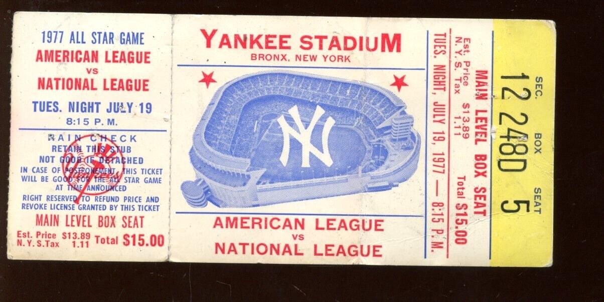 1977 MLB Baseball All Star Game Ticket Stub w/ Rain Check at Yankee Stadium