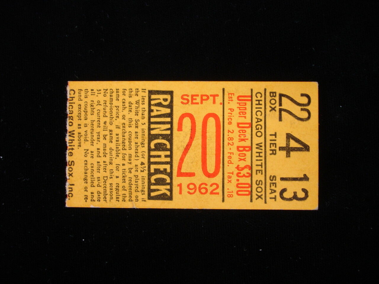 September 20, 1962 Boston Red Sox @ Chicago White Sox Ticket Stub