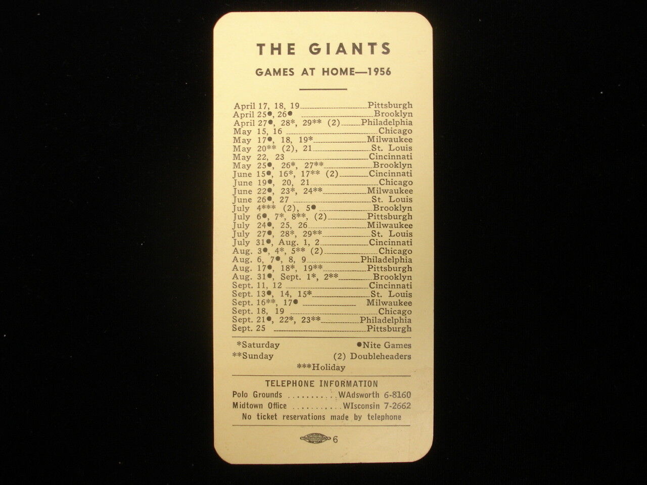 1956 New York Giants Baseball Pocket Schedule